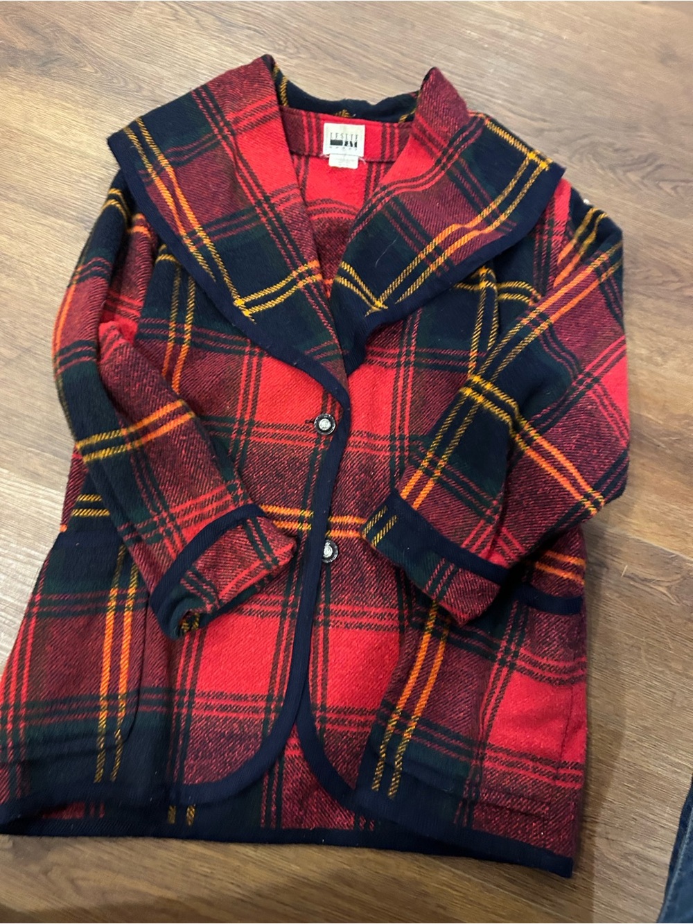 Vintage Leslie Fay Red Plaid Pea Coat with Navy Accents